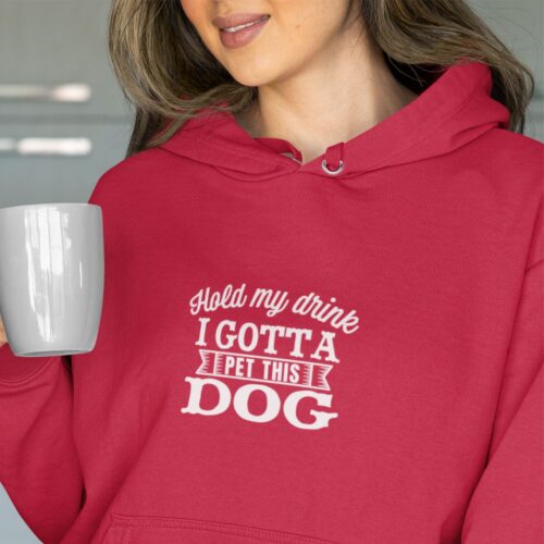 Woman wearing red hold my drink hoodie