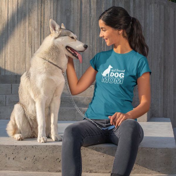 Woman Wearing Arctic Blue Well Trained Dog Mom T-shirt