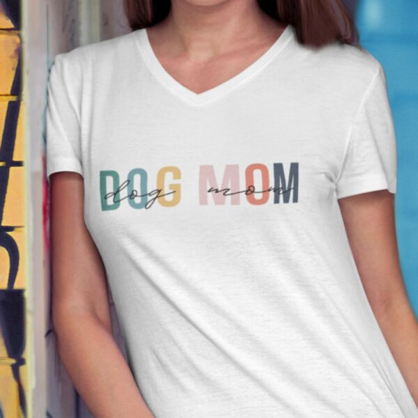 Woman Wearing Dog Mom Colours White V-Neck Zoom