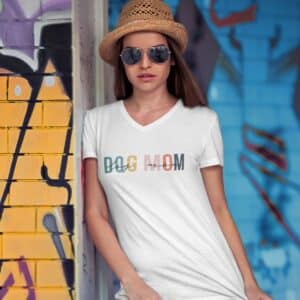 Woman Wearing Unisex Dog Mom V-Neck