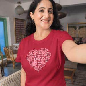 Woman Wearing Dog Lover Heart Red T-shirt