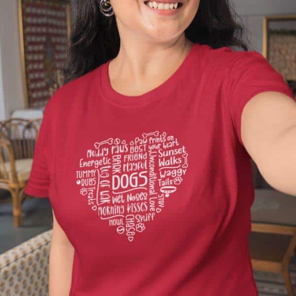 Woman Wearing Dog Lover Heart Red T-shirt Zoom