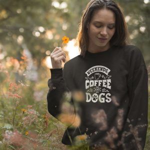 Woman Wearing Weekends Coffee Dogs Sweater