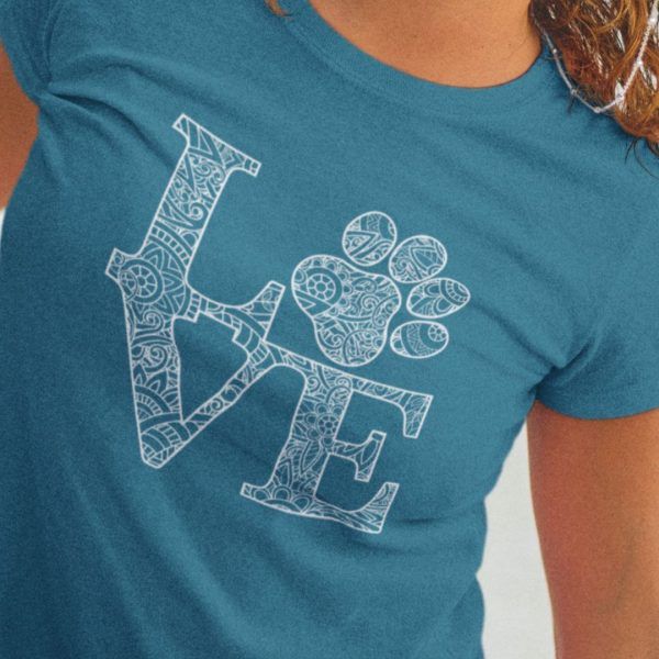 Woman Wearing Arctic Blue Love Dogs Mandala Tshirt Zoom