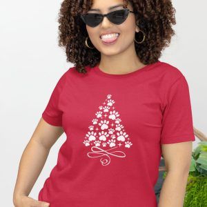 Woman Wearing Christmas Paw Tree T-shirt Red