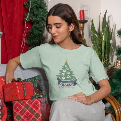 Woman Wearing Happy Pawlidays T-shirt Mint Green