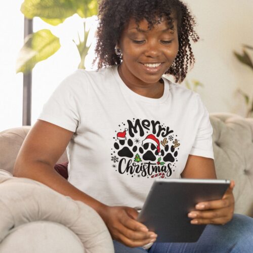 Woman Wearing White Merry Christmas Dog Shirt
