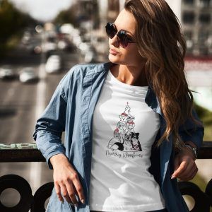 Woman Wearing White Merry Woofmas Tshirt