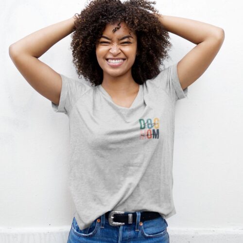 Woman Wearing Grey Melange Dog Mom Pocket Colours Tshirt