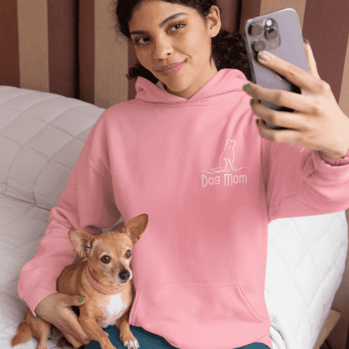 Woman Wearing Pink Dog Mom Hoodie