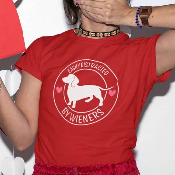 Woman wearing Red Easily Distracted Tshirt Zoom