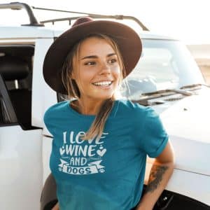 Woman Wearing I Love Wine and Dogs T-shirt - Arctic Blue