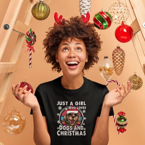 Woman Wearing Just a Girl Who Loves Dogs Christmas Tshirt