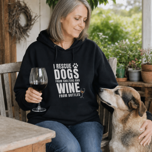 Woman Wearing Rescue Dogs and Wine Hoodie - Black