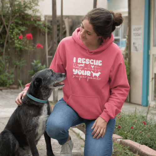 Woman wearing rescue dogs i rescue dogs hoodie - pink